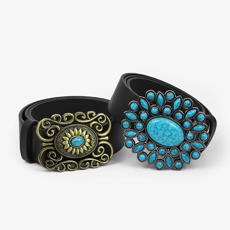 Vintage Turquoise Stones Inlaid Metal Buckle Black Pu Leather Belt cinturónes пояс женский пояс женский female belts for dress