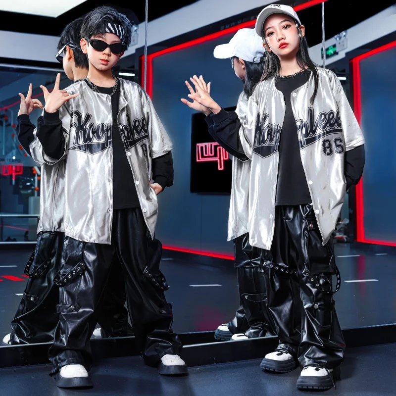 

Kids Jazz Dance Performance Costume Street Dance Silver Shirt Black Leather Cargo Pants Suit Hip Hop Dance Team Wear DN18463