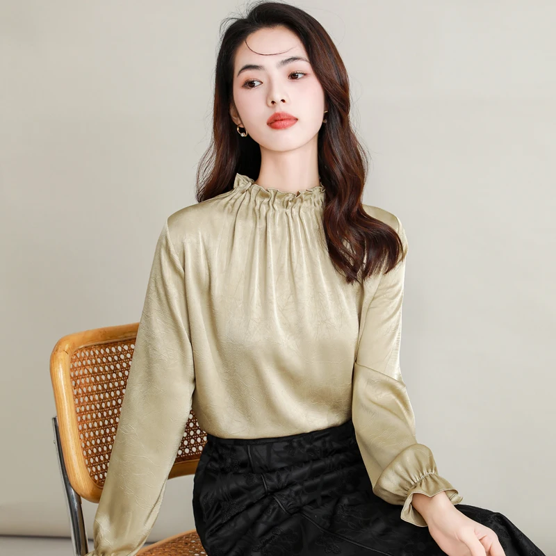 

New Chinese Style Women Chic Slik Shirts Khaki Low-key Pattern Jacquard Tops Ruffle Collar Petal Cuff Design Basic Shirts Ladies