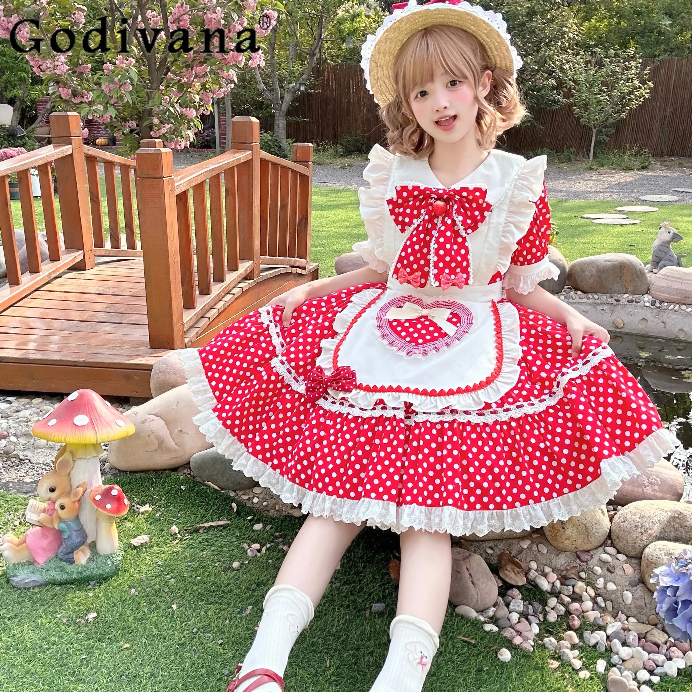 

Original Japanese Girl's Sweet Kawaii Short-sleeved Dress Set Y2k Maid Costume Summer New Loli Lo Polka Dot Print Short Dress