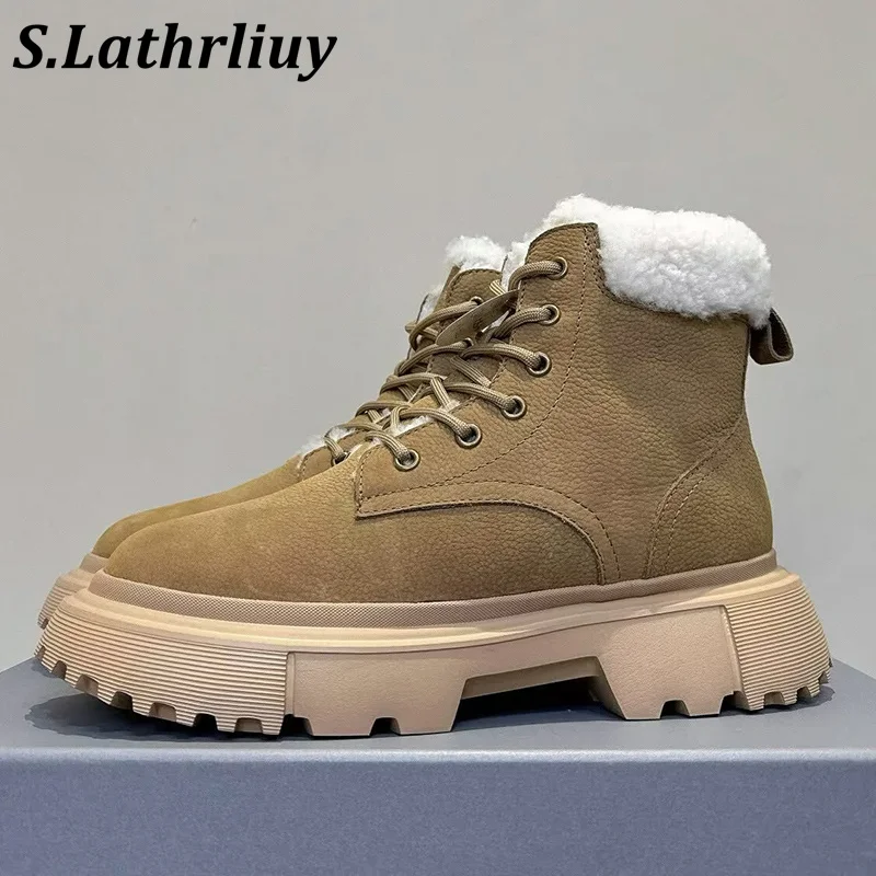 

Winter Wool Lined Warm Flat Heel Thick Soled Snow Boots Women's Lace Up Fur Short Boots Round Toe Warm Real Wool Ankle Botas