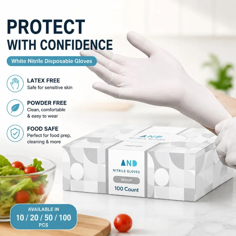 White Nitrile Disposable Gloves, Latex Free Powder Free, 4 Mil Textured, Food Safe Cleaning Work Gloves, 10/20/50/100 PCS