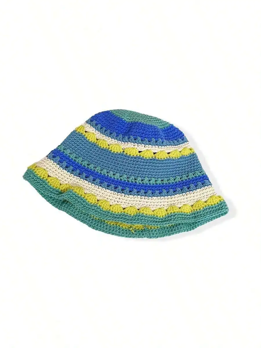 

Boho Women Crochet Bucket Hat Mixed Color Fashionable Winter Accessory
