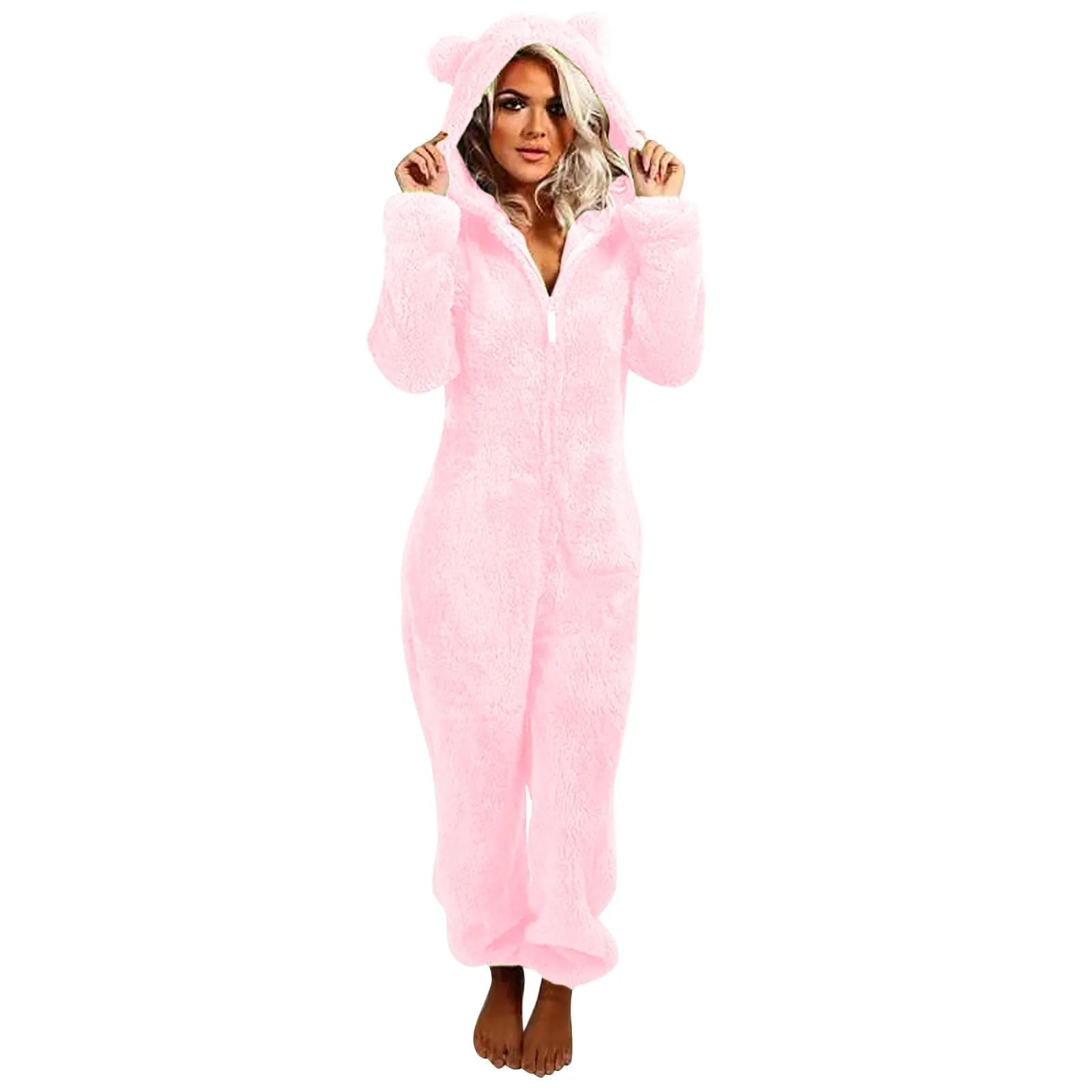 Plus Size Korallen Fleece Overall für Frauen Weihnachten Pyjama einteilige Pyjamas Winter warme Frauen Kapuze Onesies Nachtwäsche S-3xl