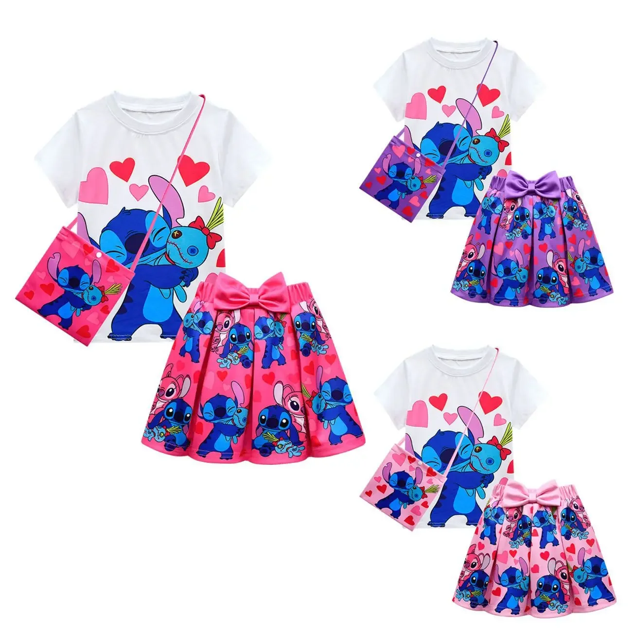 4pcs Stitch Children's Set Short Sleeve Pleated Skirt Bag Baby Toddler Girl Clothes Outfit Set Causal Dress Going Out Suit