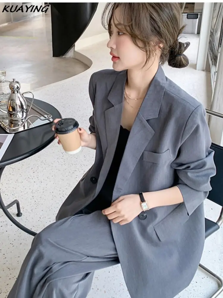 Dames Street Wide Leg Broek Tweedelige Set Koreaanse Stijl Temperament Elegante Casual Business Lange Mouw Jassen Losse Broekpakken