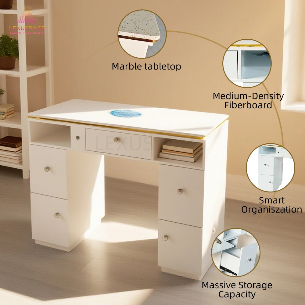 Luxury Modern Manicure Station with White Marble Top Gold Trim Dust Collector Multi Storage for High-End Nail Salons
