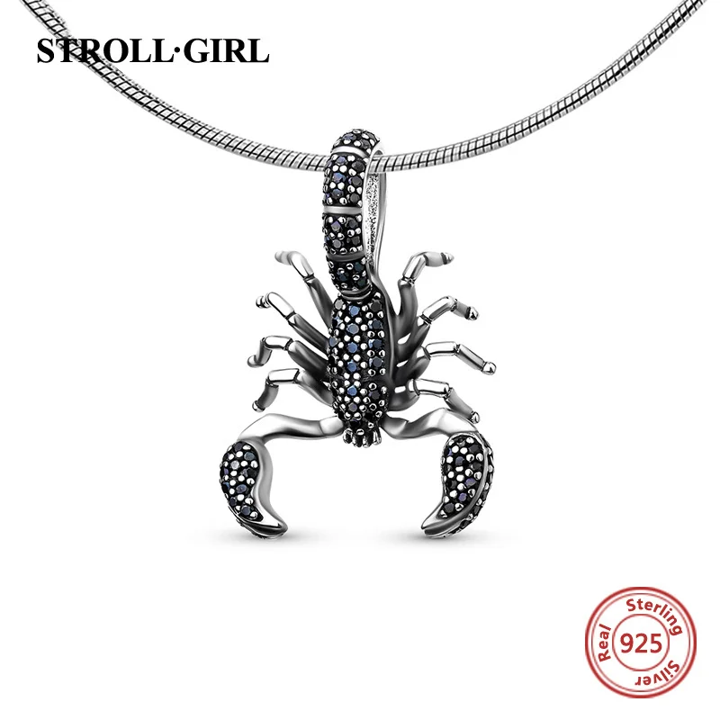 StrollGirl recomendar animal encantos Escorpião com preto CZ 925 prata esterlina beads fit pandora pulseiras jóias presentes originais