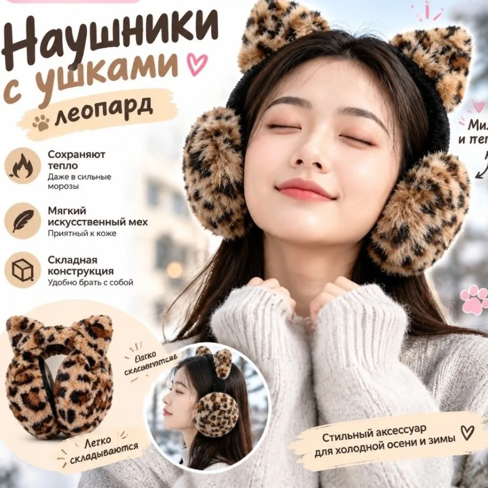 Comfortable Ear Cap Winter Cat Ears Earmuffs Leopard Folding Foldable Ear Cover Earflap Kawaii Faux Fur Ear Muffs Outdoor