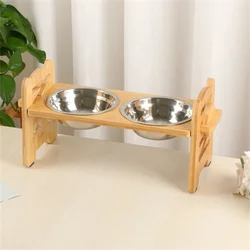 1PC Cat Food Water Bowls Holder Pet Feeder Accessories Tilted Adjustable Stainless Stell Dog Bowls With Bamboo Stand Puppy