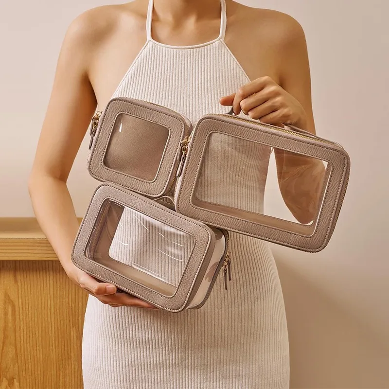 حقيبة مستحضرات التجميل ذات جودة عالية وسحابات مزدوجة شفافة من مادة PVC بثلاثة أحجام بنمط الليتشي