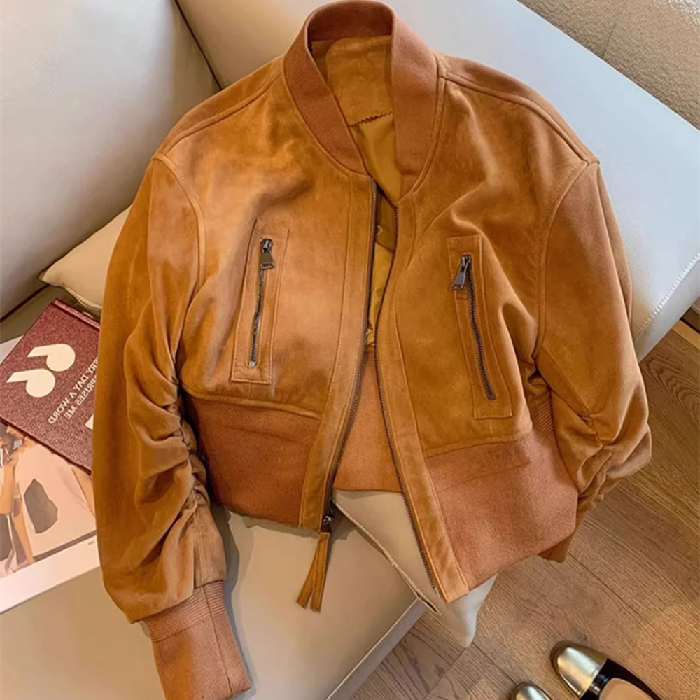 

Stand Up Short Coat Retro Suede Zipper Design Temperament Jacket Men Women Spring Autumn Fashionable Loose Brown Cardigan Top