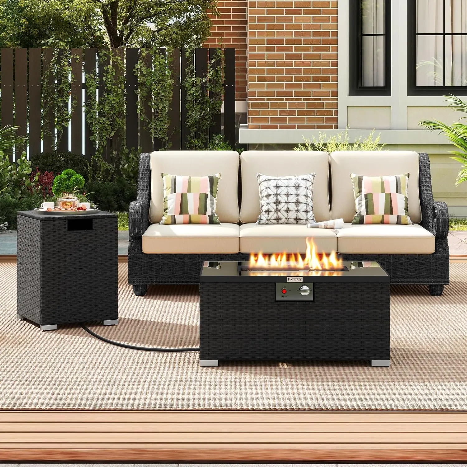Rattan Propane Fire Pit Table Set with Tank Cover, Glass Top, Lid, 40000 BTU Rectangle Gas Fire Table for Patio, Customized