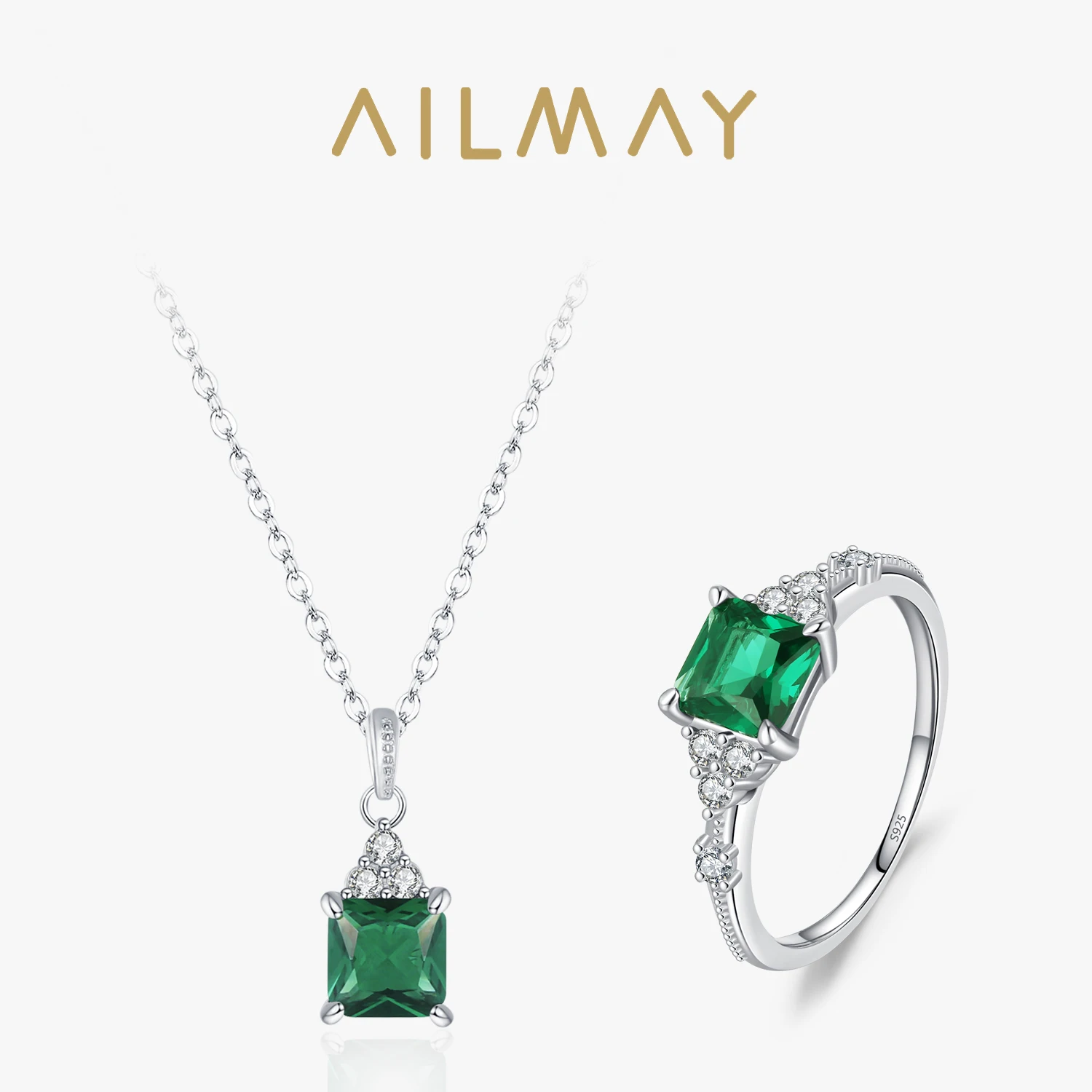 

Ailmay 925 Sterling Silver Elegant Square Green Zircon Jewelry For Ladies' Engagement Luxury Jewelry Set