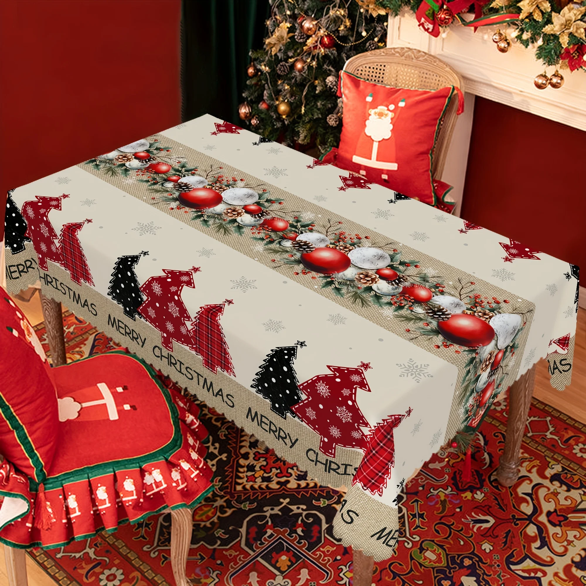 Merry Christmas Tree Ball Pinecone Tablecloth for Table Decor Reusable Winter Xmas Kitchen Dining Table Cloth Christmas Decor