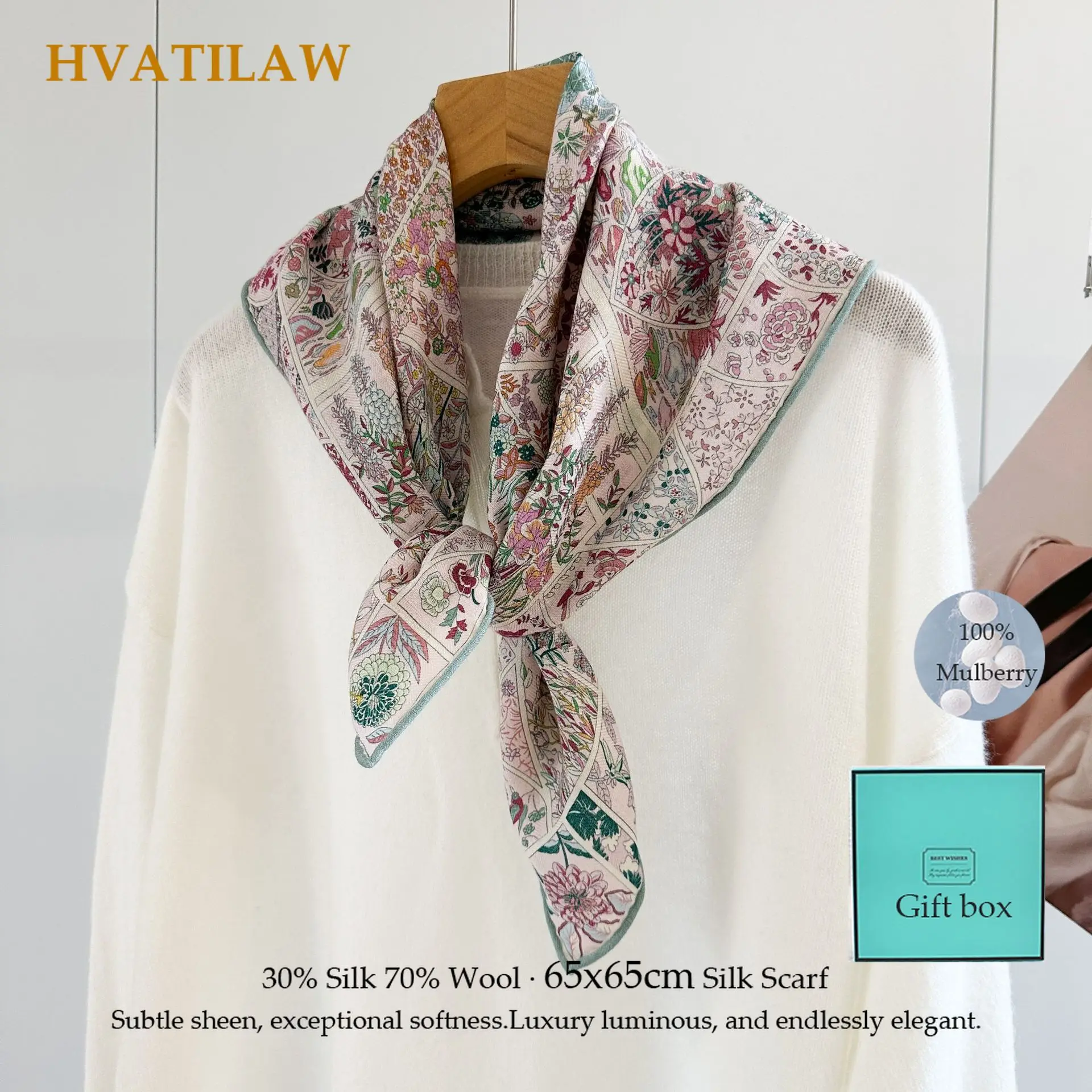 65x65cm Luxury 70% Wool 30% Silk Hair Scarf Women Elegant Designer Square Head Scarf Hair Bandana Neckerchief Neck Scarf Wrap