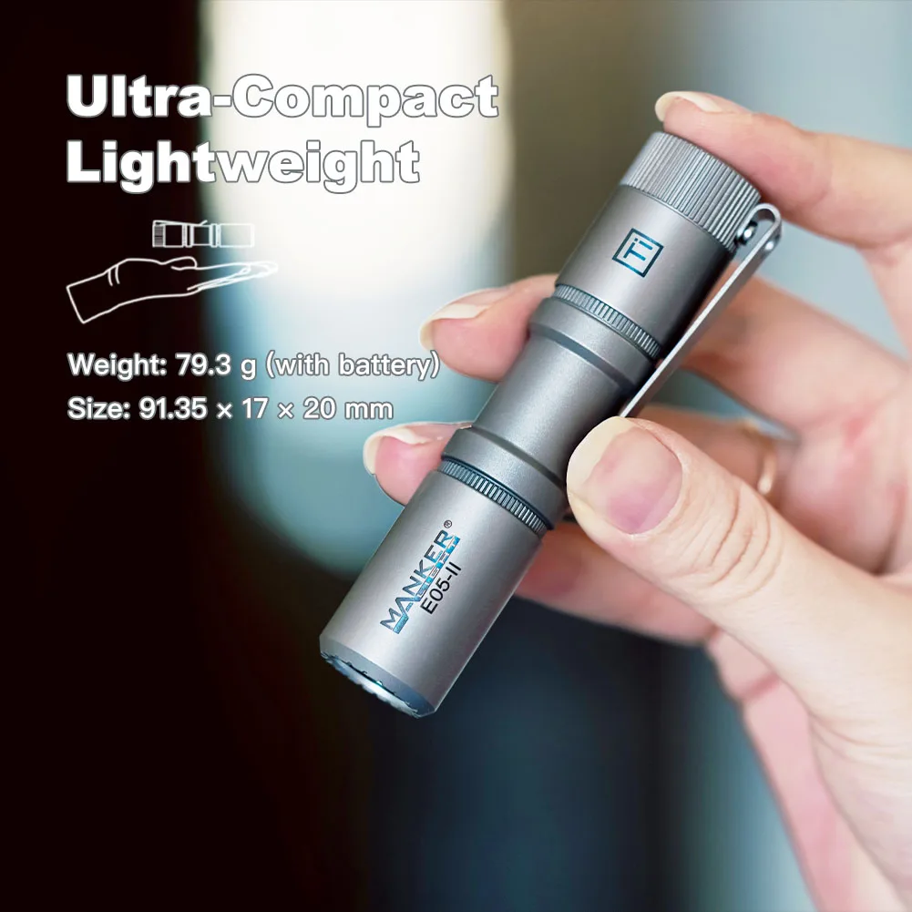 Manker E05 II (Ti-Bead Blasted, Cool white Version, 6500K) Compact EDC Flashlight, High Density White LED Emitter 1300 Lumens