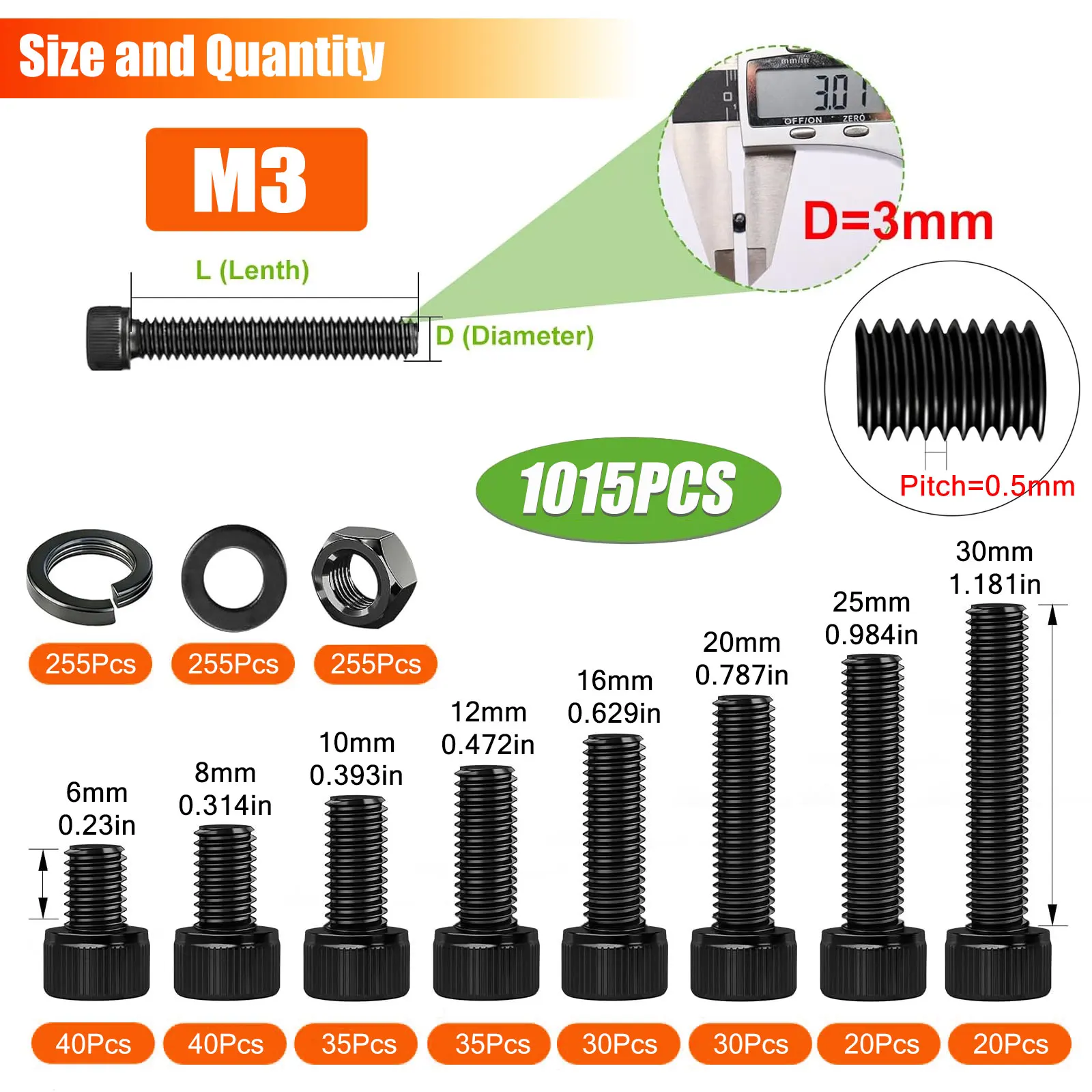 1015Pcs 12.9 Grade Hex Socket Screws,M3 6-30mm Anti-rust Steel Bolts Nuts Washers,3D Printer Home DIY Repair Fastener Kit