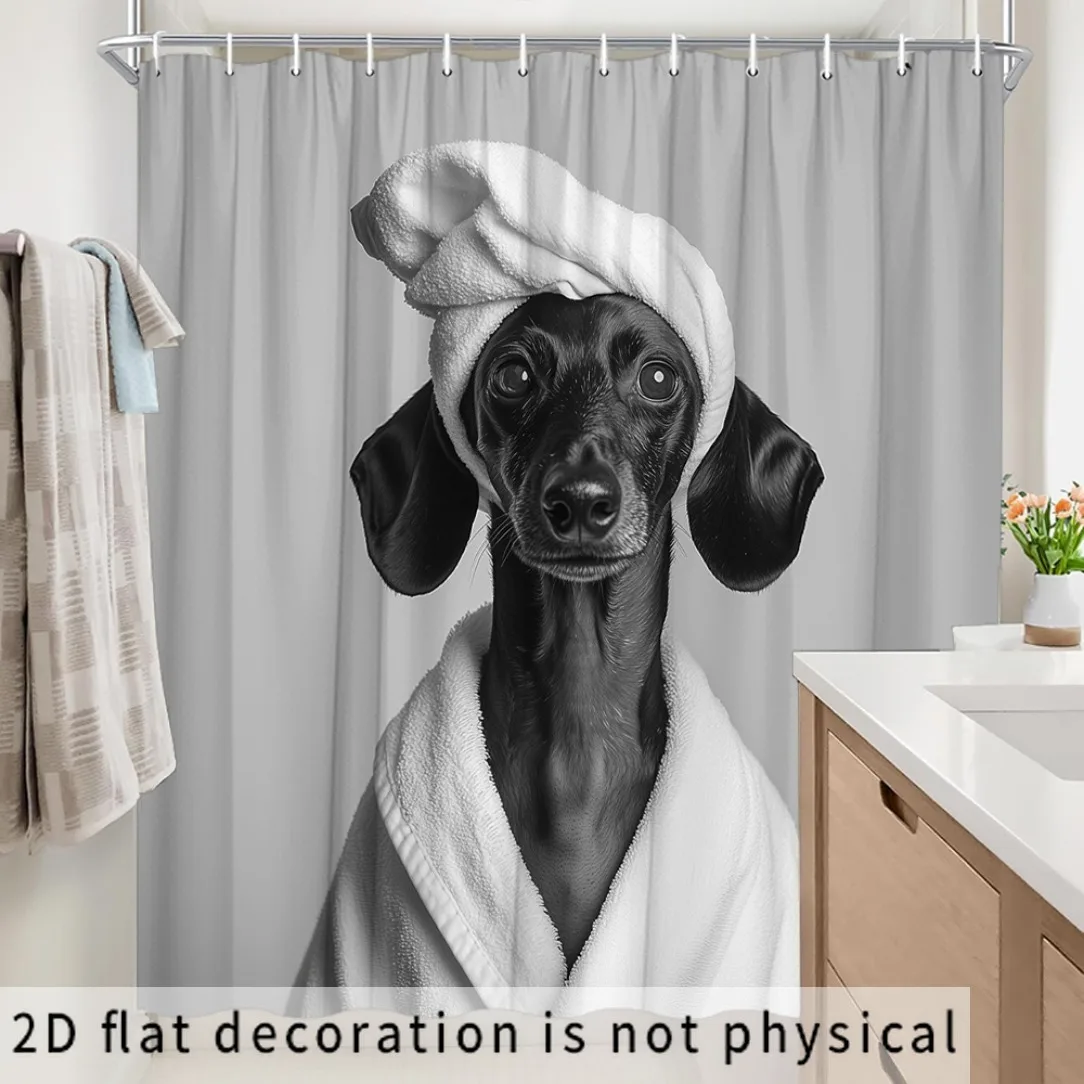 2D Flat, 2D Flat, 2D Flat Shower Curtain 1pc, Cute German Short-Legged Dog Towel Shower Curtain - Playful Black Dog in Towel Des