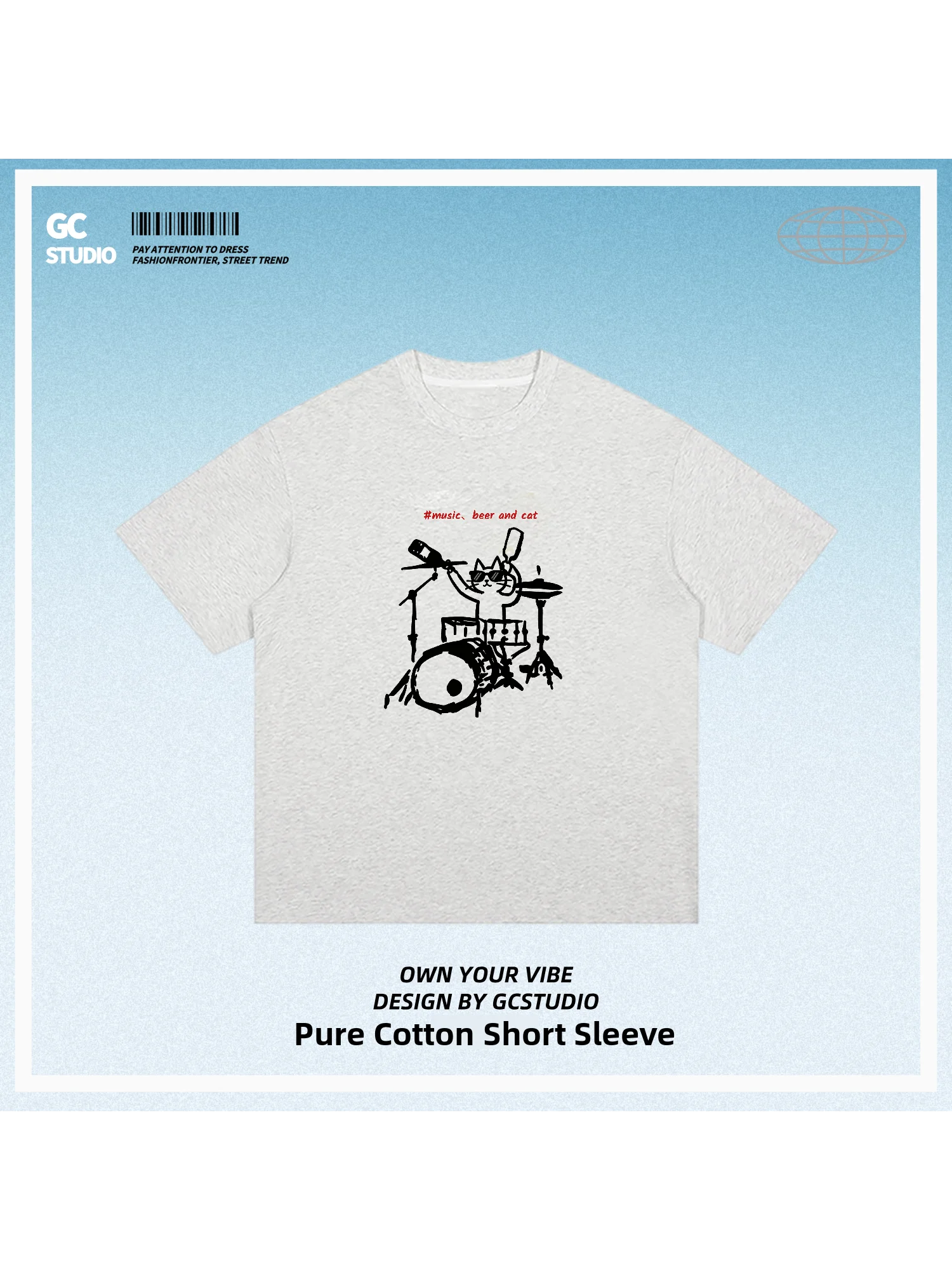 Rocking  Drummer Short Sleeve T-Shirt Pure Cotton Graffiti Design Music  Print Casual Breathable Unisex T-Shirt