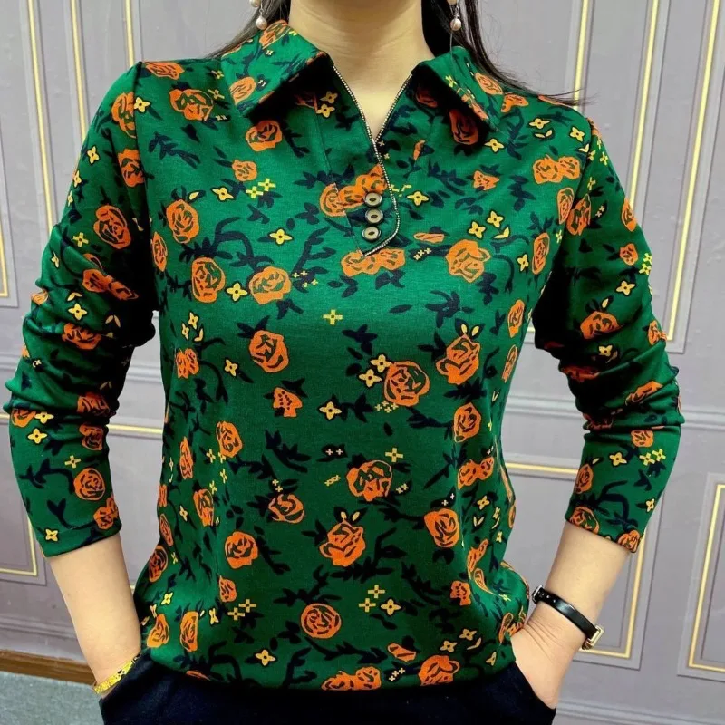 

Women's Spring Autumn Fashion Elegant Flower Pullover Button Print Casual Button T-shirt Versatile Long Sleeve Loose Lady Tops