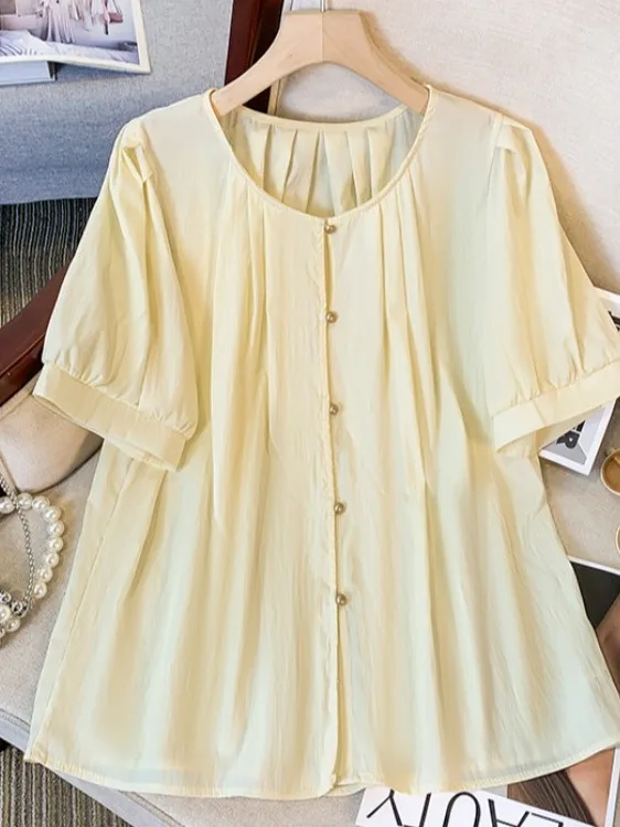 

Elegant Chiffon Short Sleeve Shirt Women's Summer New Large Size Loose Belly Covering Doll Shirt Slimming Top Korean Style