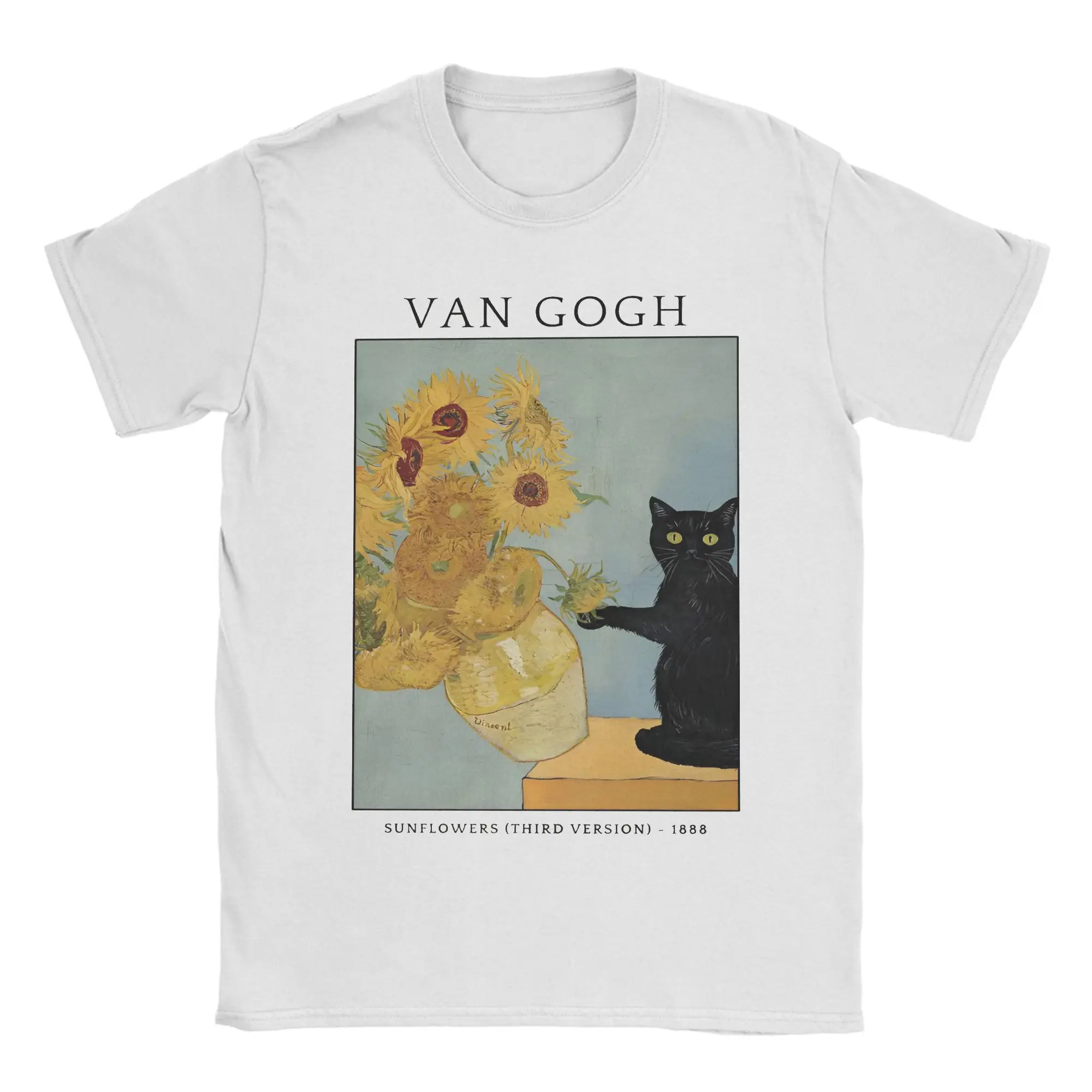 Van Gogh Sunflowers Cat Funny T Shirts Men's  Cotton Leisure T-Shirt O Neck Oil Painting Tees Short Sleeve merch Adult