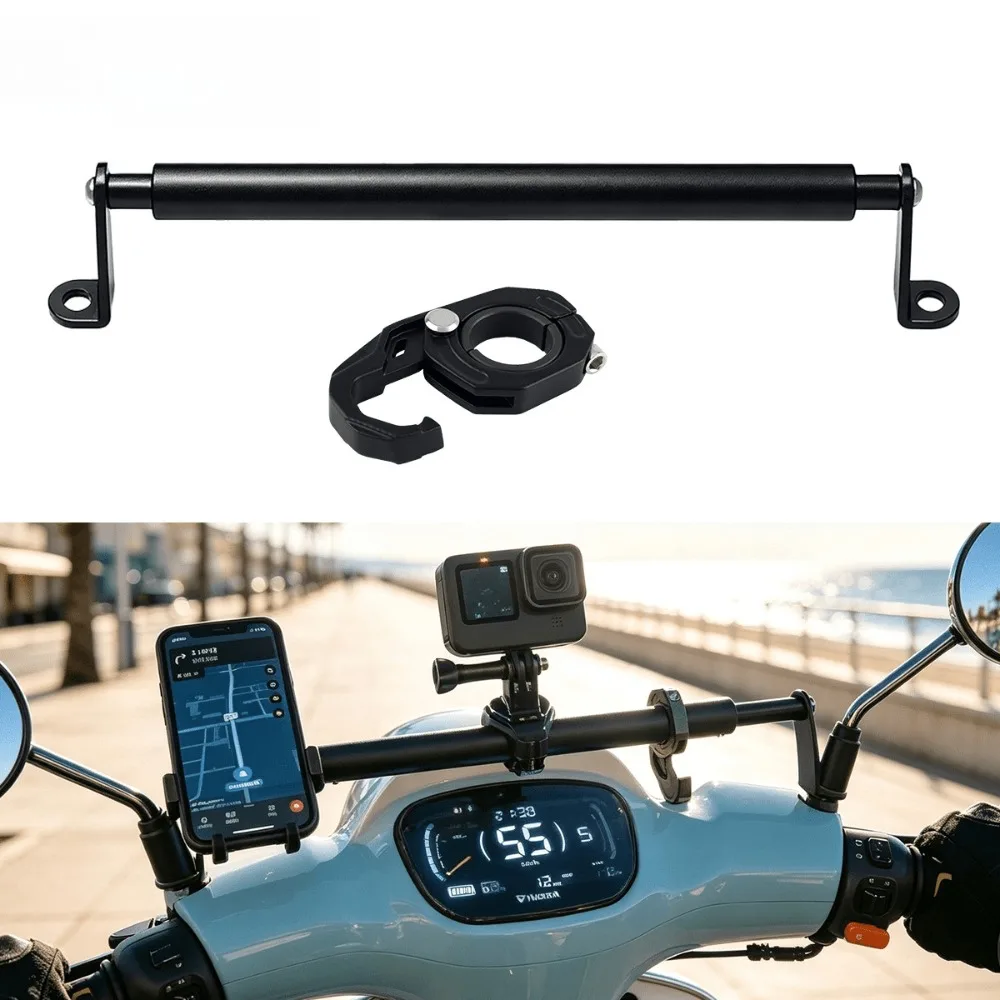 Retractable Motorcycle Mirror Extension Bar, Handlebar Expand Bracket with Hook for Scooter E‑Bike Phone Action Camera Mount