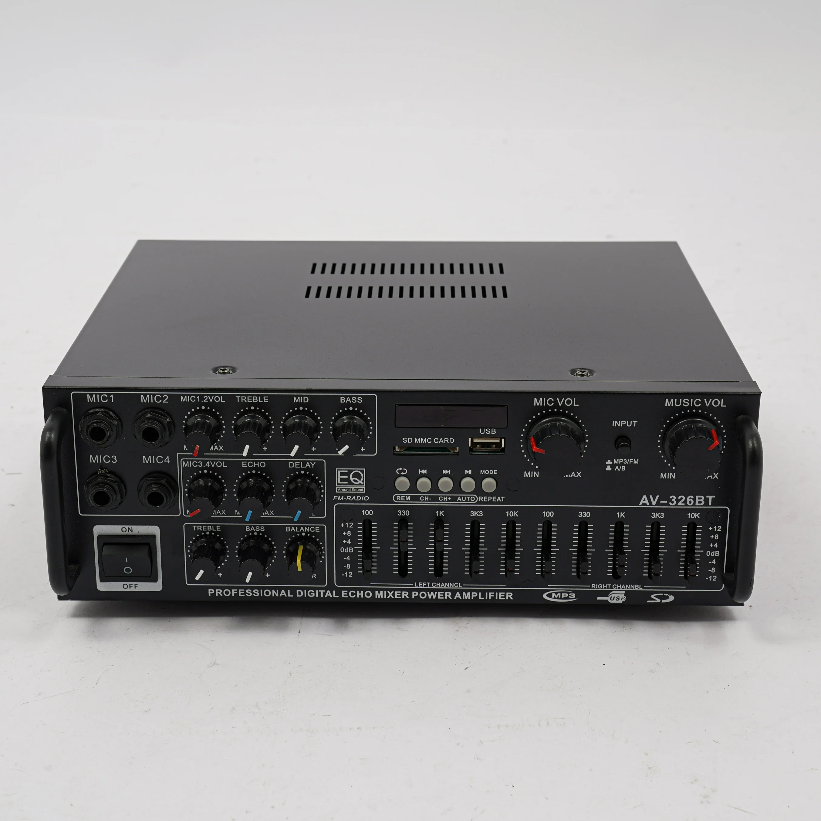 2-Kanal Bluetooth Stereo HiFi Leistungsverstärker AV-326BT, Karaoke-Mikrofoneingang FM-Radio USB SD-Karte EQ Audio-Mixer, 200W+200W Digitaler Audio-Verstärker mit Fernbedienung EU-Stecker