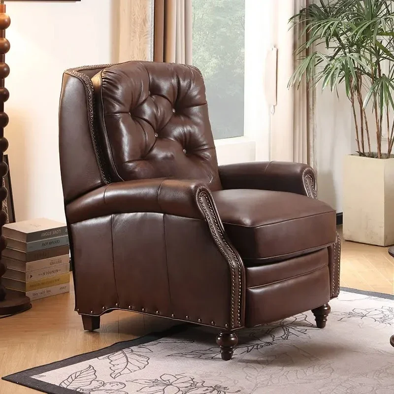 A retro first-layer cowhide leather single sofa chair can sit and lie down living room  sofa  light luxury