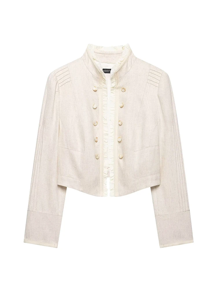 HH Women Spring Autumn Off White Ruffled Collar Double Breasted Cropped Jacket Long Sleeve Pearl Buttons For Holiday Vacation