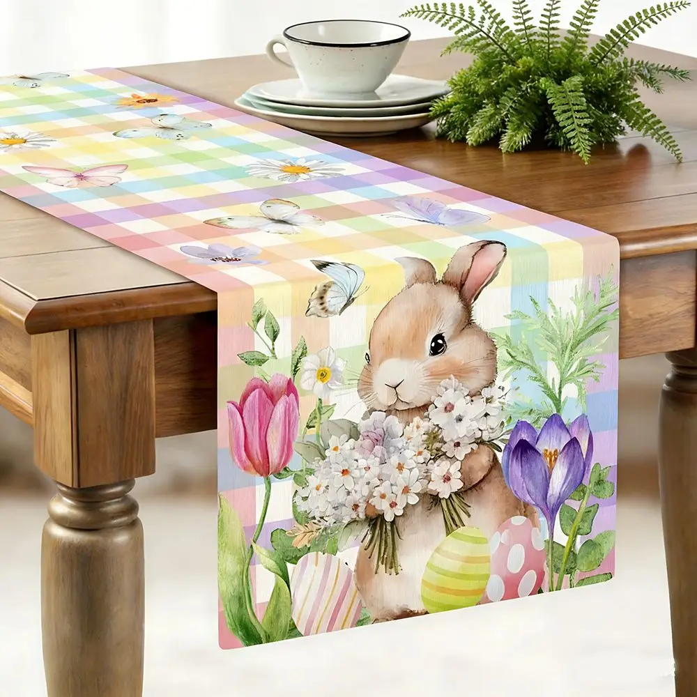 

Waterproof Easter Table Flag Anti Slip Stripe Plaid Rabbit Dining Table Cloth Oil-resistant Flower Butterfly Easter Table Runner