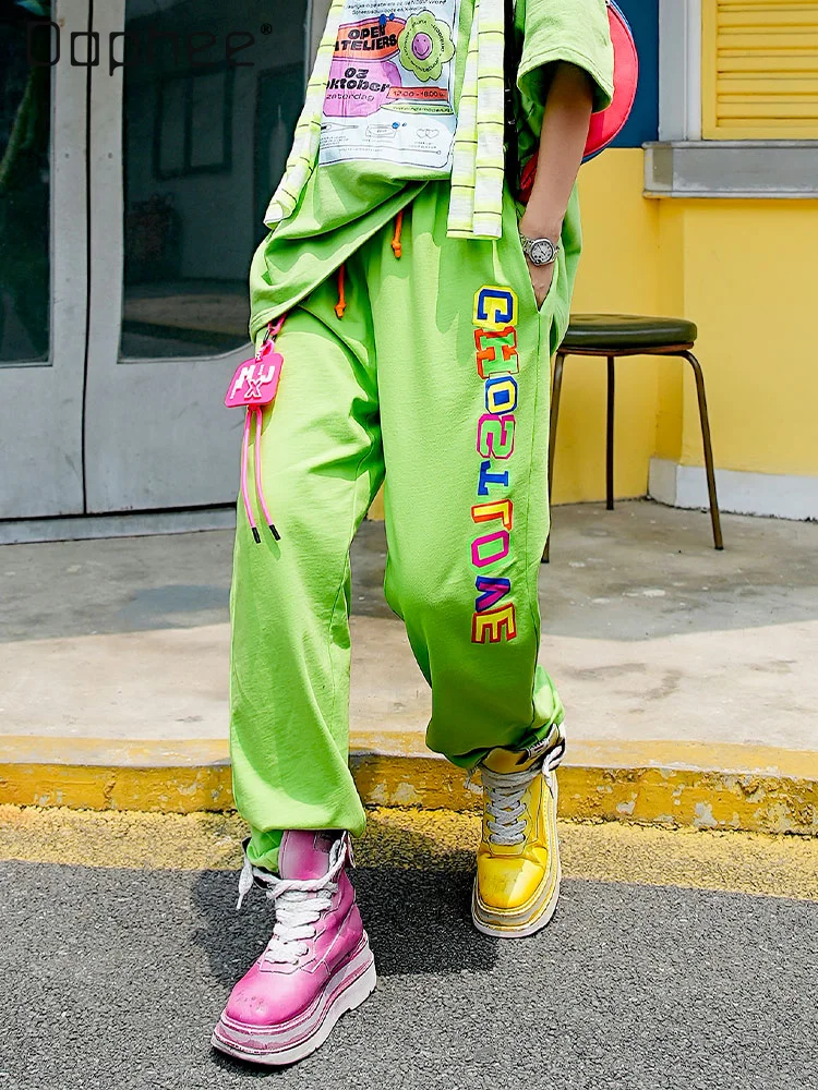 Spring Summer 2024 New Fluorescent Green Color Letters Color Contrast Patchwork Fashion Brand Loose Sweatpants Casual Pants