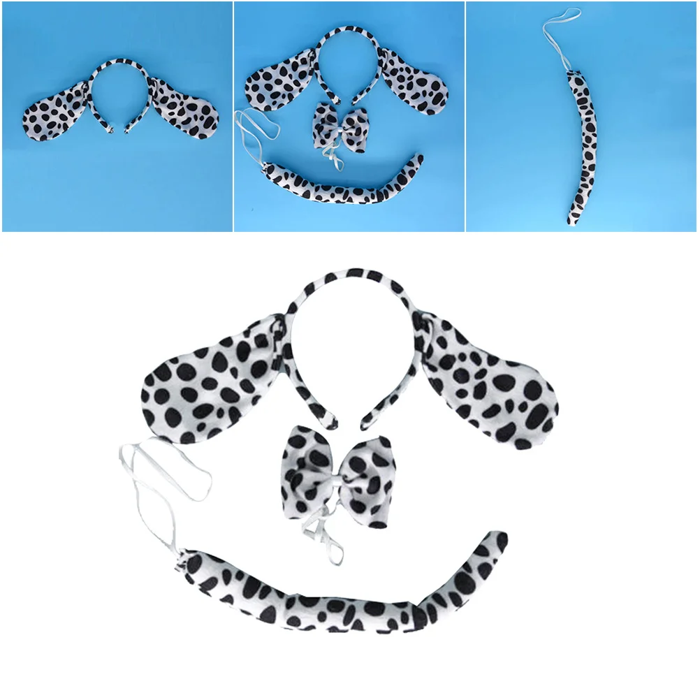 Zestaw 2 szt. opasek na głowę, akcesoria do kostiumu psa dla dorosłych, 3 w 1, uszy do cosplayu, opaska, muszka, ogon, wzór w kropki, gotowe do Halloweenu