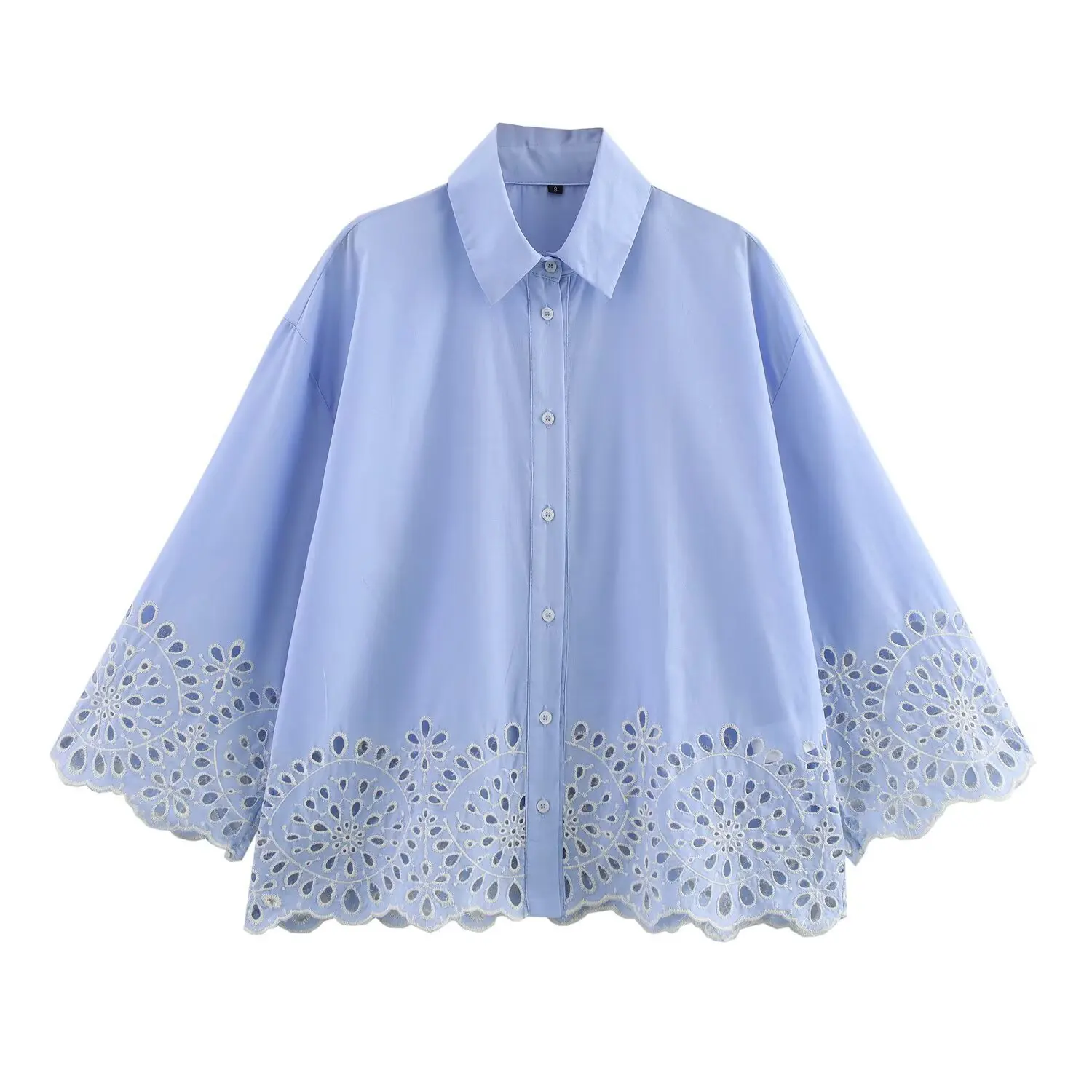 

Fashion Embroidered Hollowed Out Blouse WomenBlue Shirt Blusas Mujer Shirt Tops Short Sleeve Lapel Collar Female Blouse
