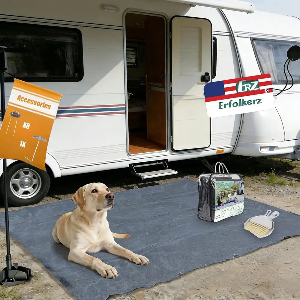 

High-Quality HDPE Outdoor Rug, Blue-Grey 9x12 Feet Waterproof RV Mat with Eyelets, Broom, Carry Bag, and Nails - Durable and Was