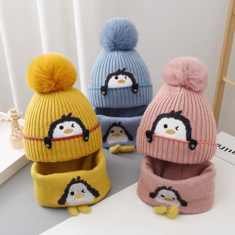 Warm baby hat bib two-piece set children's autumn and winter boys and girls knitted wool plush ear protection baby hat