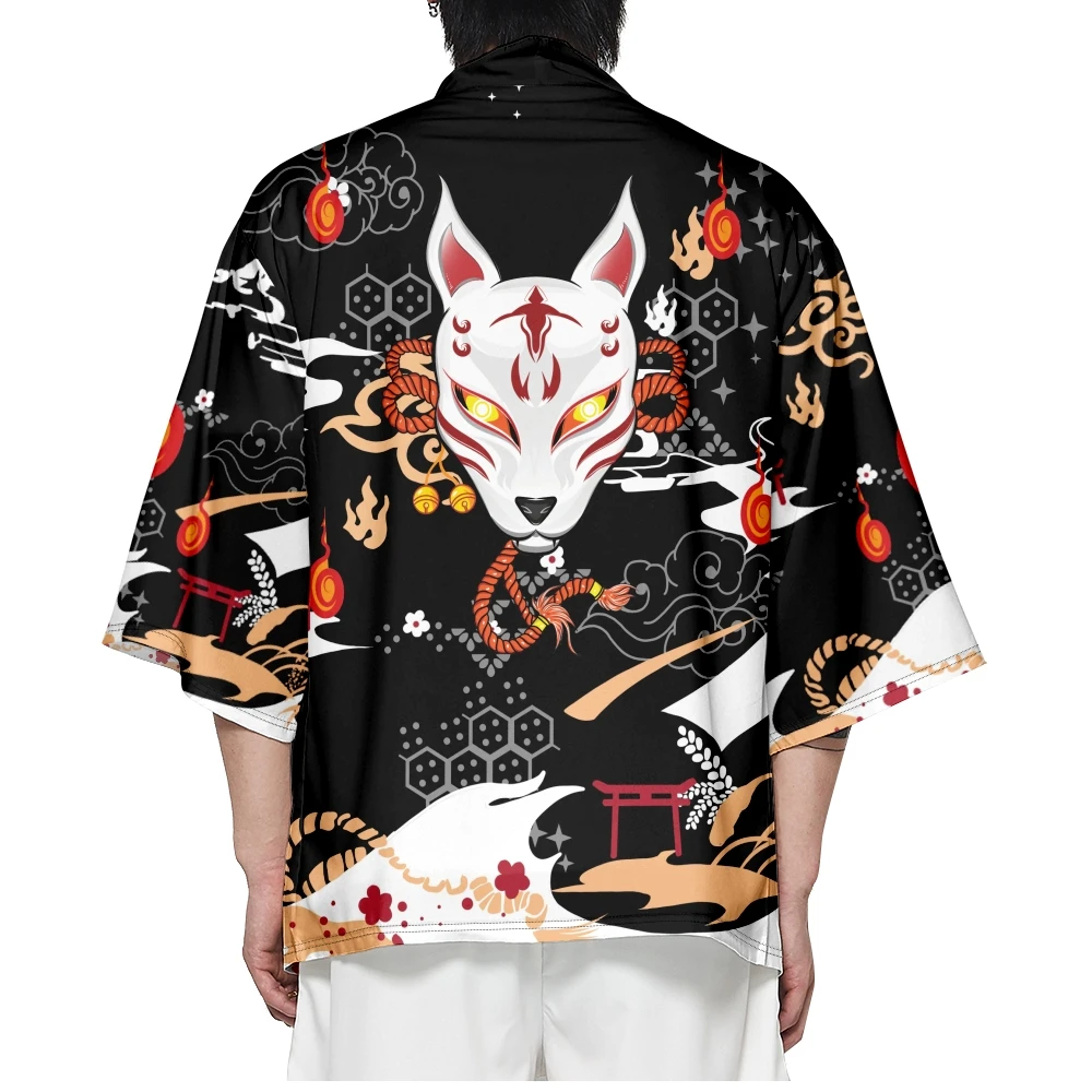 Fashion Harajuku Men Women Cosplay Cardigan Kimono Black Tops Japanese Style Print Haori Shirts