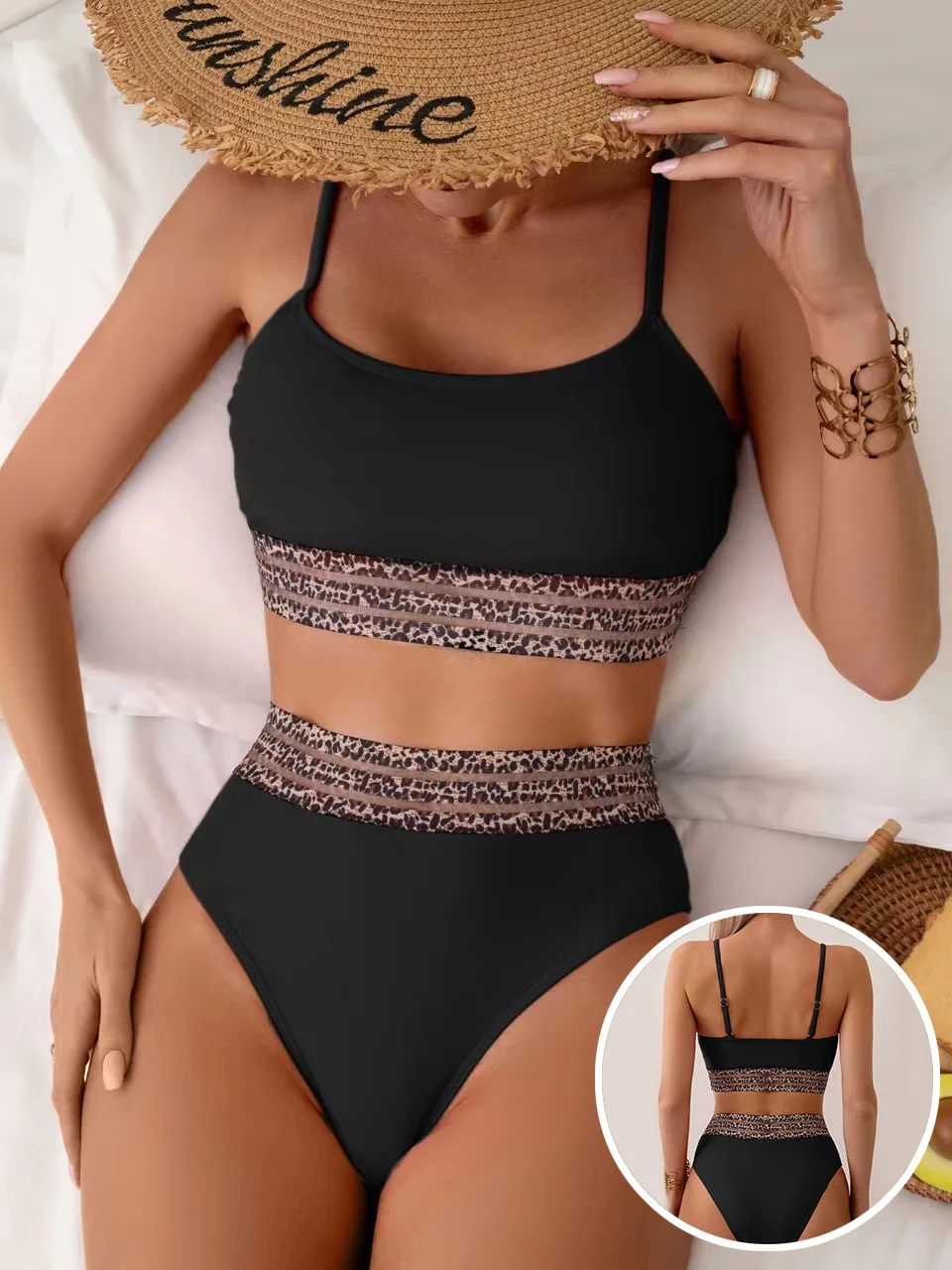 Conjunto de Bikini de retales de leopardo, traje de baño de 2 piezas para mujer, traje de baño Sexy negro de cintura alta con cuello en U y tirantes sin espalda, novedad de 2025