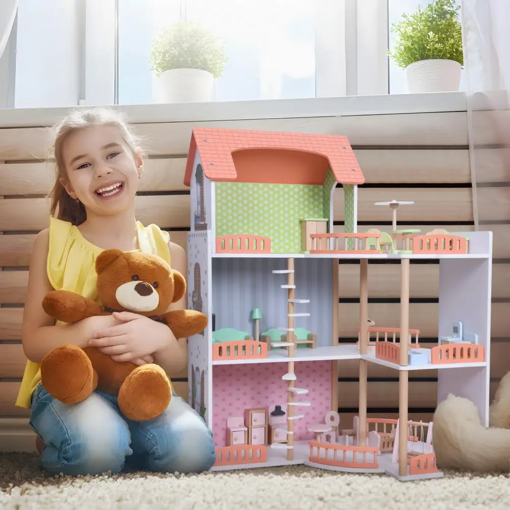 

House Cottage Toy Set,Dollhouse Kit,Girls Play House Toy,3-Story Wooden DIY Pretend Play Doll House with Furniture Accessories