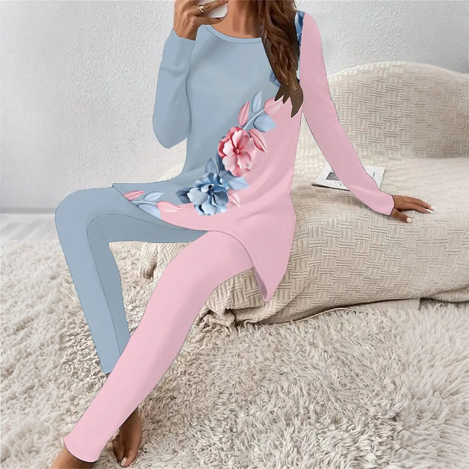 Round-neck Retro Suit Fashion Tight Pants Autumn Daily Long Pants Women's Printed Long-sleeved Winter Elegant Two-piece Set