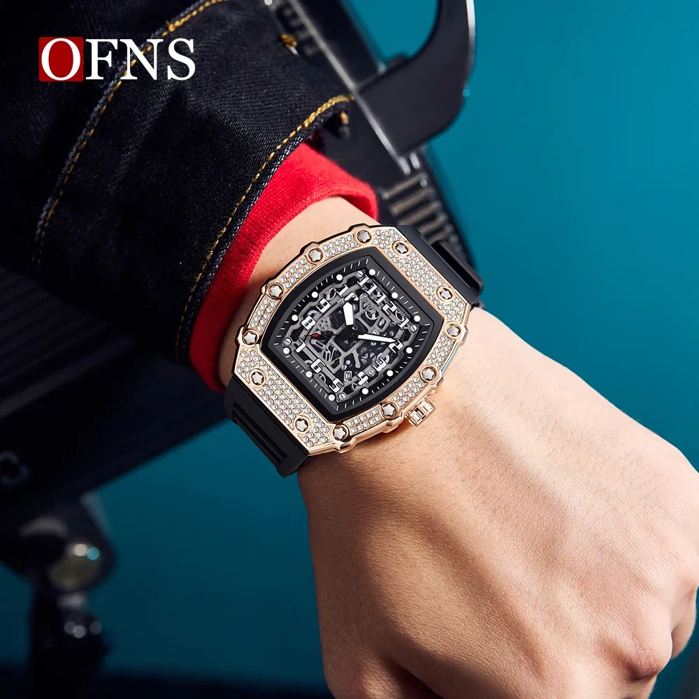 OFNS 7106 Modische Herren-Quarzuhr, wasserdicht, leuchtendes Diamant-Set, trendige Herren- und Damen-Universal-Quarzuhr