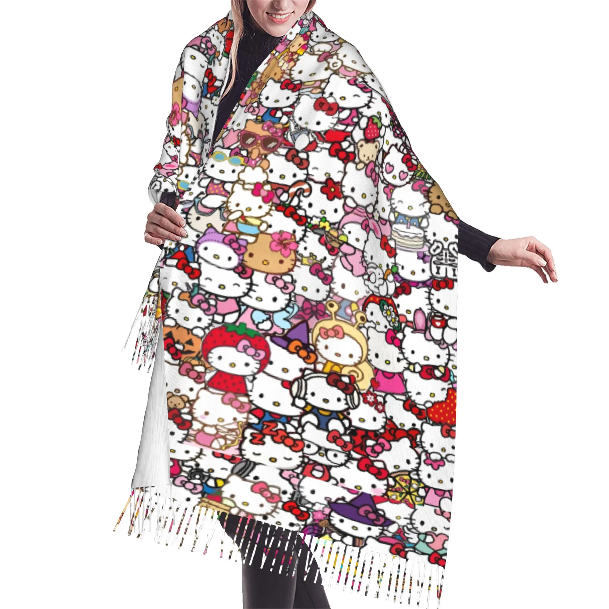 Custom Kitten Cat Cartoon Tassel Scarf Women Soft Anime Shawl Wrap Female Winter Fall Scarves