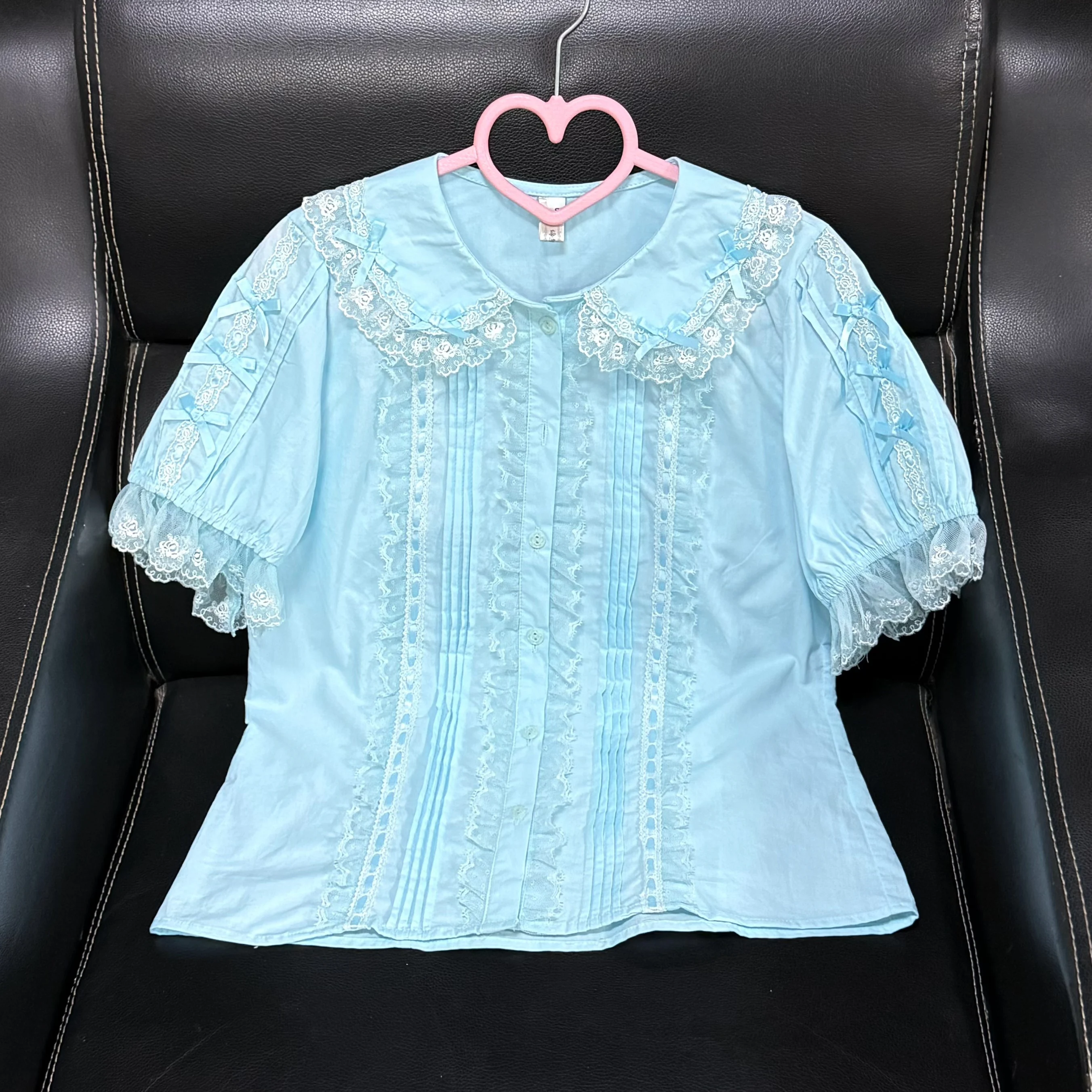 Elegant Lolita Sweet Peter Pan Collar Short-sleeve Shirt 2025 Summer Girl New Temperament Lace Bow Slim-fit Age-reducing Top