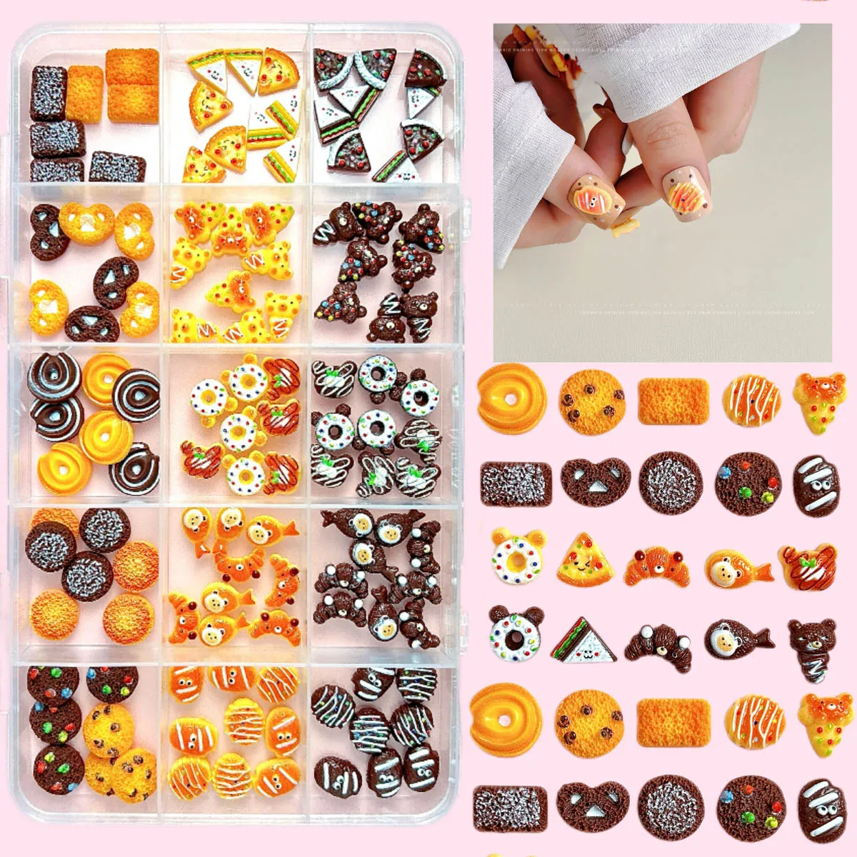 

1Box Simulated Chocolate Bean Cookies Pizza Nail Charms 3D Resin Mini Cute Sandwich Bear Bread Nail Art Decoration Accessories