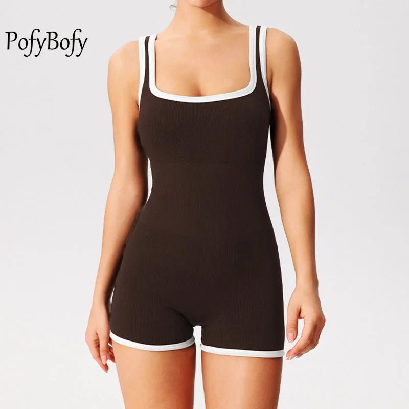 

PofyBofy Square Neck Sleeveless Ribbed Removable Bras Camisole Bodysuit Short Seamless Tummy Control Yoga Workout Fashion Romper