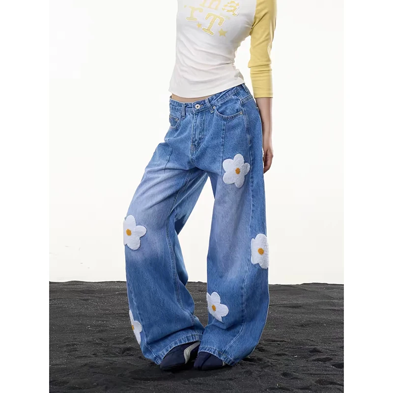 YIBASHU Autumn Women Baggy Jeans Goblin Core Denim Pants Blue Academia Y2K Japanese Harajuku Jeans Punk Hip-pop 2000s Design