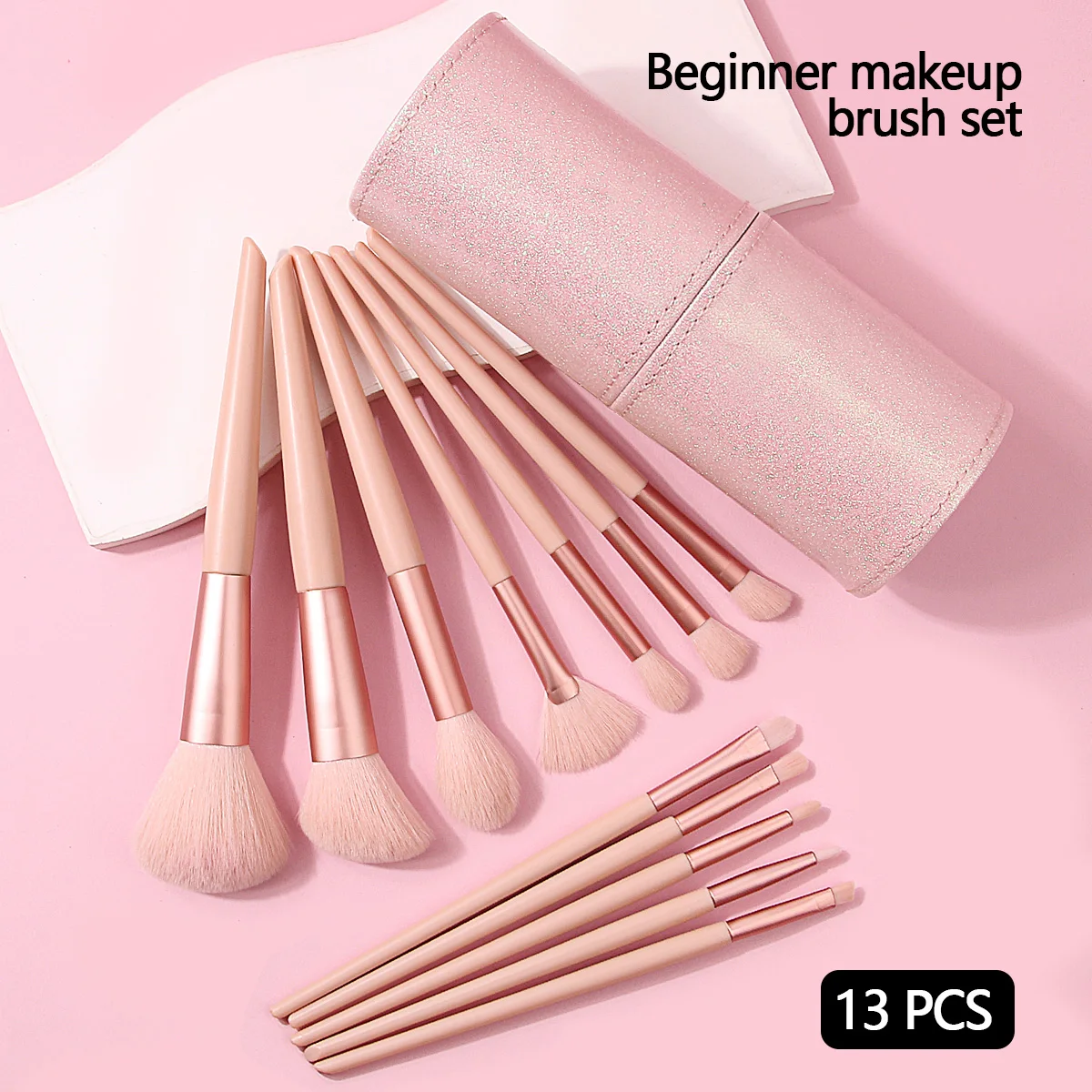 New 12pcs heart pink makeup brush set powder blusher powder brush makeup brush+large capacity PU makeup brush storage bucket