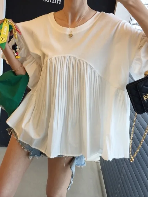 White ort Sve T-irt Women's Korean Faion Loose Design Splicing Batwing Sve Anti-Aging Doll irt Summer Top