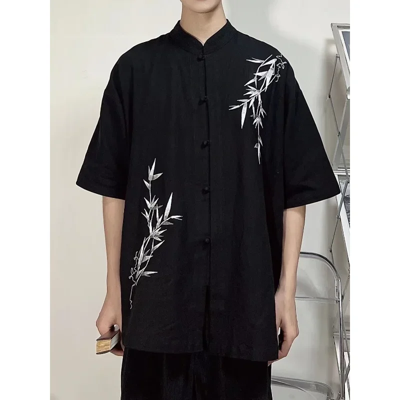 

2023 Summer Chinese Style Stand Collar Bamboo Printed Short Sleeve Shirt Retro Tang Suit Top for Men Tai Chi Martial Arts Blouse